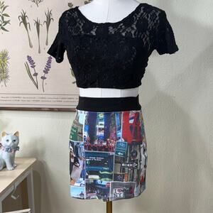 Vintage 90s Y2k NY City Collage Photos Mini Skirt Trashy Grunge Bimbo Sexy XS S